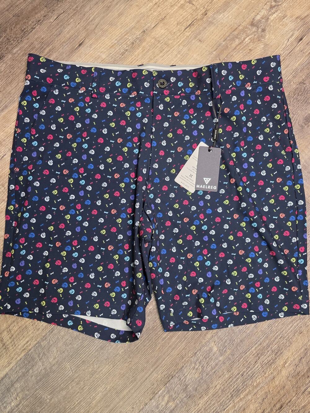 Maelreg Size 38 Proflex Golf Shorts Black Colorful Skull Performance Stretch NWT